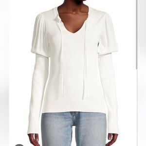 Rebecca Taylor White Split Neck Ribbed Pullover with Tie